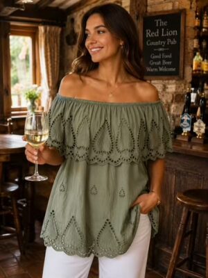 Khaki Embroidery Anglaise Bardot Cotton Top