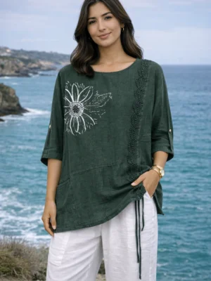 Green Or Beige Floral Applique Diamante Detail Cotton Top