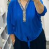 Royal Blue Diamante Embellished Tie Waist Blouse
