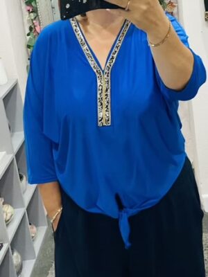 Royal Blue Diamante Embellished Tie Waist Blouse