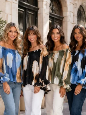 Black Or Chocolate Brown Floral Plissee Long Sleeve Bardot Blouse