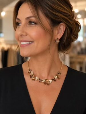 Gold Mix Brown Floral Short Necklace And Earring Set