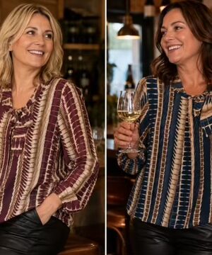 Blue Or Wine Vertical Pattern Pussy Bow Blouse
