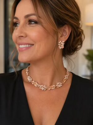 Rose Gold Leaf With Pearls Short Necklace And Earring Set