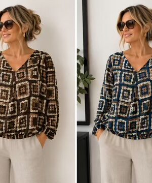 Blue Or Brown Mosaic Print Batwing Sleeve Blouse