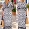 Black/White Mediterranean Tile Print Maxi Dress