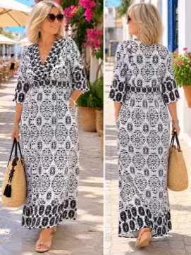 Black/White Mediterranean Tile Print Maxi Dress