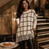 Black Or Cream Square Print Fringe Detail Jumper