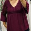 Lace Detail 3/4 Sleeve V Neck Top In Various Colours