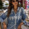 Italian Floral Embroidered Denim Look Cotton Blend Shirt