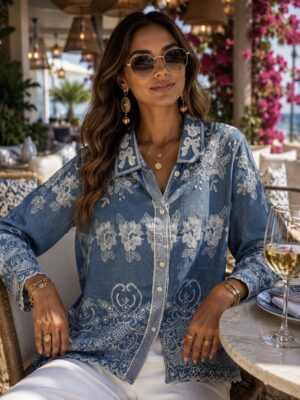 Italian Floral Embroidered Denim Look Cotton Blend Shirt
