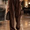 Velour Feel Drawstring Waisted Trousers In Navy, Black, And Brown