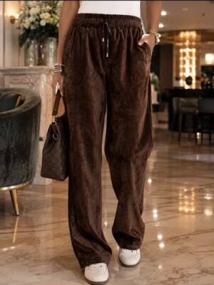 Velour Feel Drawstring Waisted Trousers In Navy, Black, And Brown