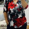 Green Or Red Rose Diamante Zip Detail Button Up Sleeve Top