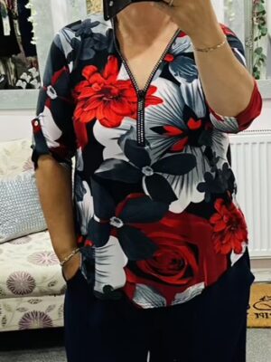 Green Or Red Rose Diamante Zip Detail Button Up Sleeve Top