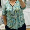 Green Mixed Leaf Diamante Zip Detail Button Up Sleeve Top
