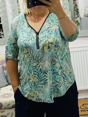 Green Mixed Leaf Diamante Zip Detail Button Up Sleeve Top