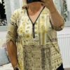Beige Diamante Zip Detail Button Up Sleeve Top