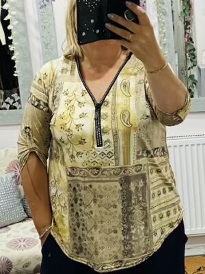 Beige Diamante Zip Detail Button Up Sleeve Top