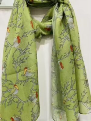 Robin Print Cotton Blend Lightweight Scarf In Green, Blue, And Black